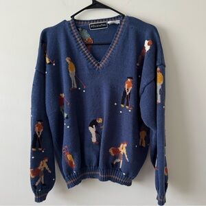 Christine Foley Vintage Cotton Golfer V Neck Sweater Blue Multi Medium M